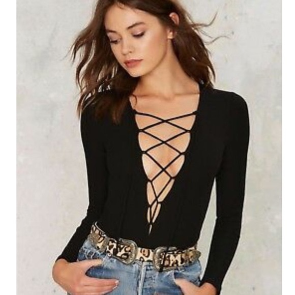 MAKERS OF DREAMS BLACK RIBBED LACE UP BODYSUIT M - Picture 1 of 11
